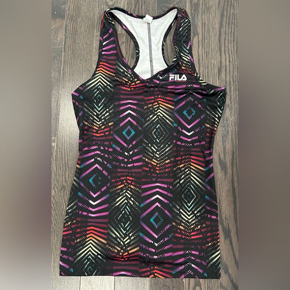 Fila Women's Black Multicolor Geometric Racerback Tank Top - Picture 1 of 2